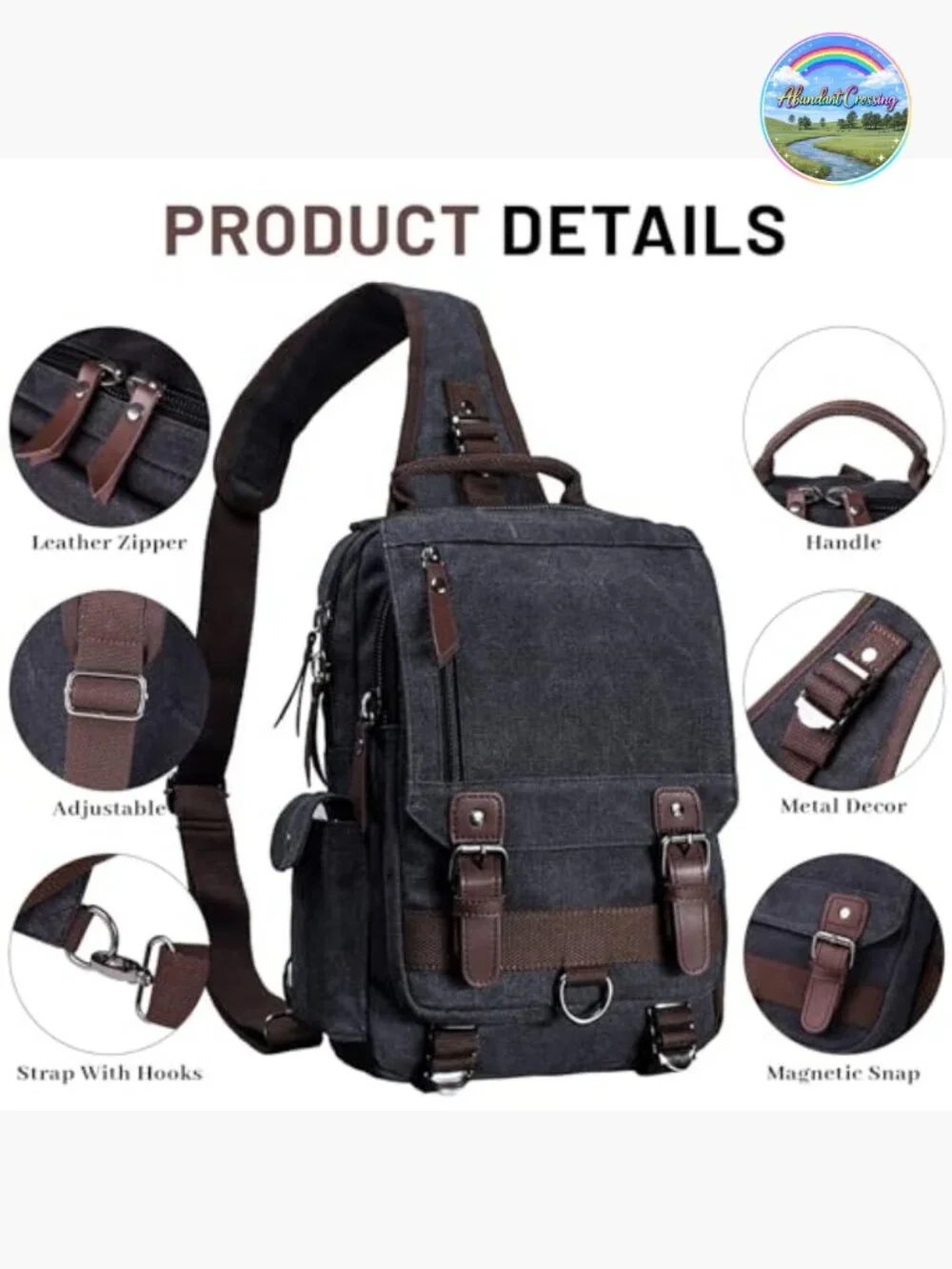 Canvas Crossbody Sling Backpack Travel Rucksack with Multiple Pockets